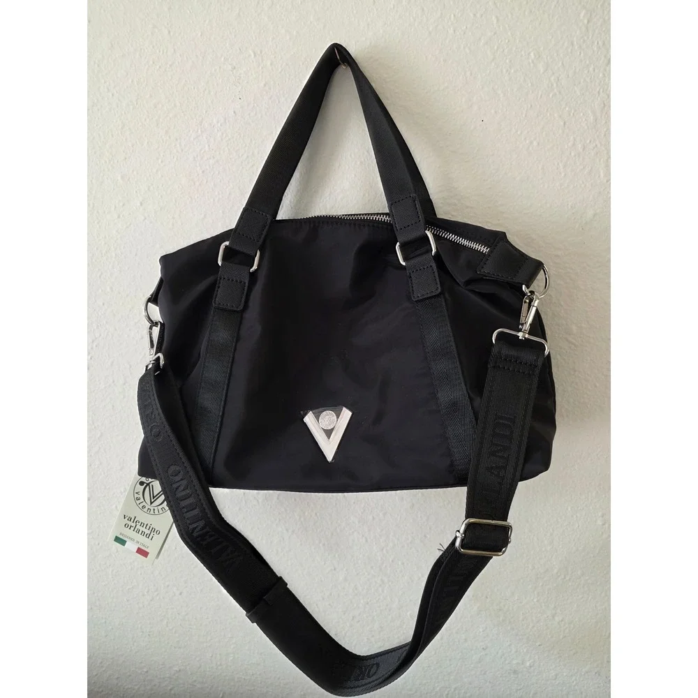 Valentino Orlandi Black Nylon Satchel Crossbody Bag Silver Hardware NWT
